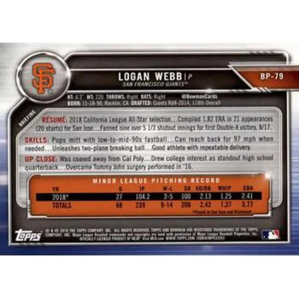 2019 Bowman Prospects Logan Webb #BP-79 San Francisco Giants